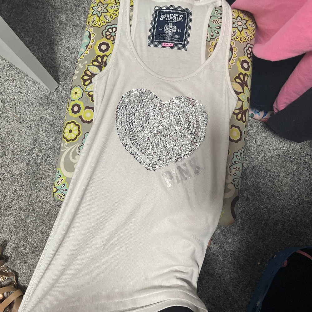 Vintage Victoria’s Secret PINK white and silver‎ tank silver sequin heart sz S